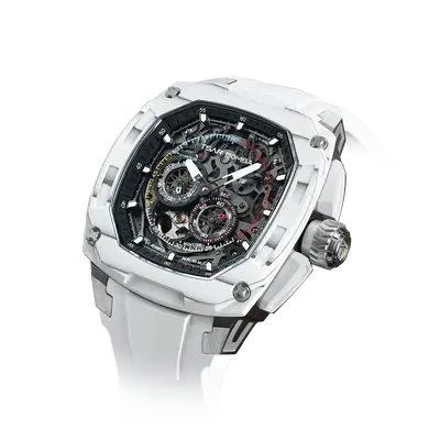 TSAR BOMBA Men's Automatic Watch | White | Tonneau Carbon Fiber Bezel | Citizen Miyota 82S7 Movement | 5ATM Waterproof Sport ...
