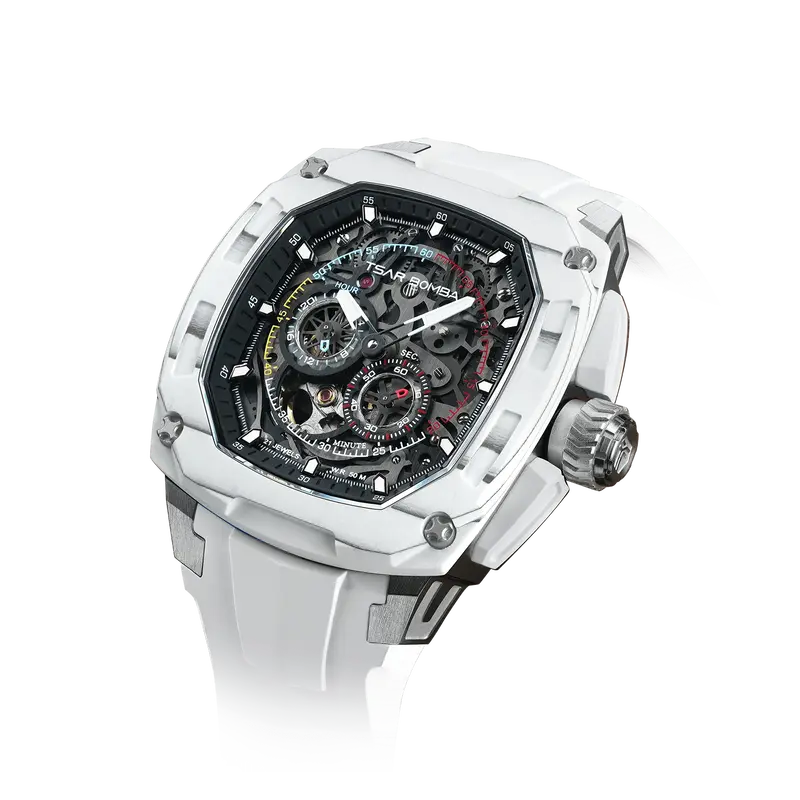 TSAR BOMBA Men's Automatic Watch | White | Tonneau Carbon Fiber Bezel | Citizen Miyota 82S7 Movement | 5ATM Waterproof Sport ...