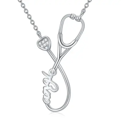 Sterling Silver Lab Created Diamond Name & Stethoscope Pendant Necklace