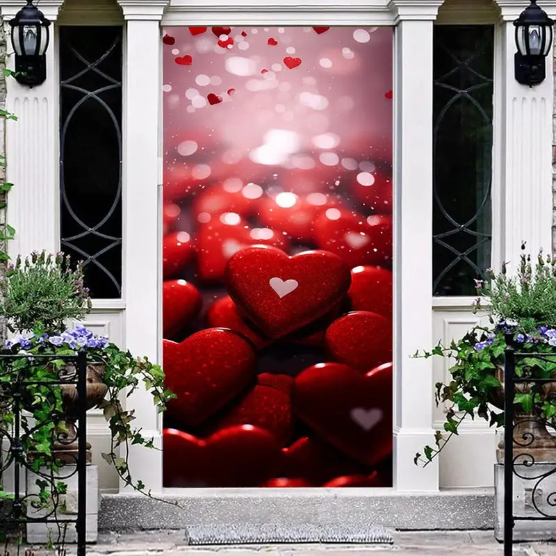 Red Heart Stones Bokeh Valentines Day Door Cover - Aperturee