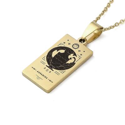304 Stainless Steel Black Enamel Rectangle with Constellation Pendant Necklaces