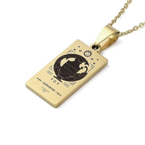 304 Stainless Steel Black Enamel Rectangle with Constellation Pendant Necklaces