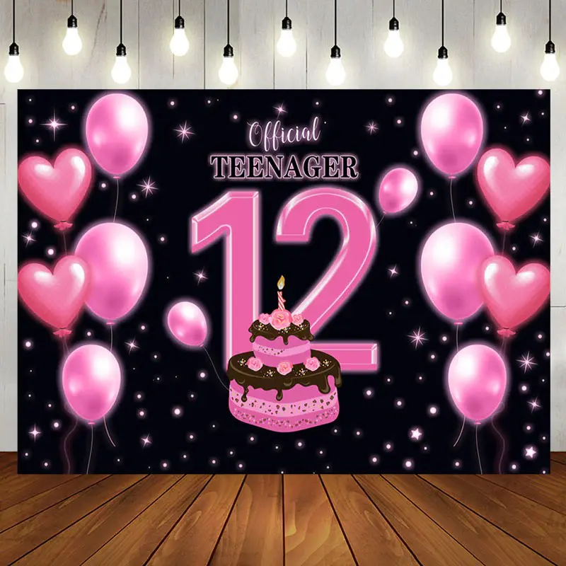 Aperturee Pink Balloon Cake Official Teenager 12th Backdrop - Aperturee