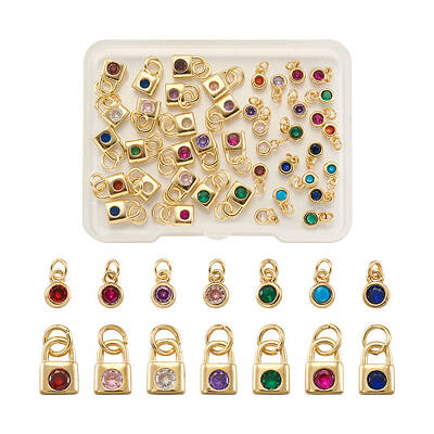 56Pcs 14 Style Brass Micro Pave Cubic Zirconia Charms