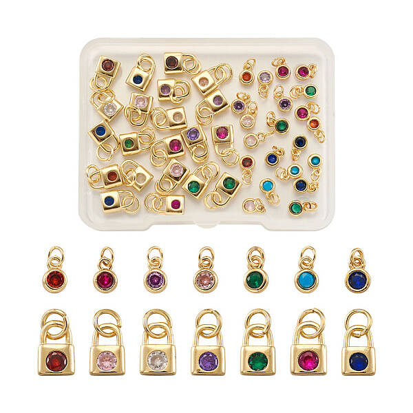 56Pcs 14 Style Brass Micro Pave Cubic Zirconia Charms