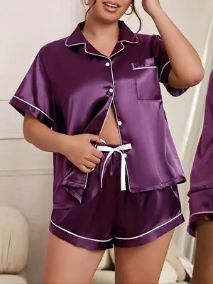 Plus Size Contrast Binding Satin Pyjama Set, Casual Pocket Shirt & Bow Decor Shorts, Women's Plus Sleepwear Loungewear for Al...