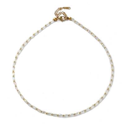 Oval Glass & 201 Stainless Steel Beaded Necklace