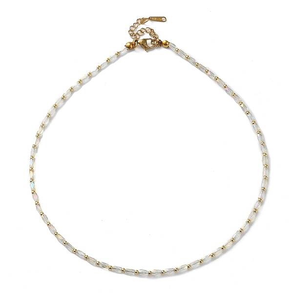 Oval Glass & 201 Stainless Steel Beaded Necklace