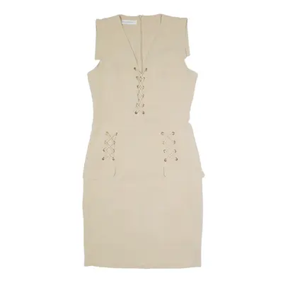 RINA SCIMENTO Cross Tie Pencil Dress Beige Short Sleeve Knee Length Womens UK 12