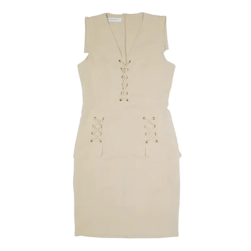RINA SCIMENTO Cross Tie Pencil Dress Beige Short Sleeve Knee Length Womens UK 12