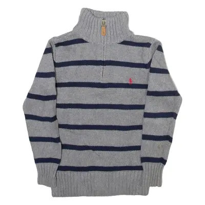 POLO RALPH LAUREN Boys Patterned Jumper Grey Striped 1/4 Zip Tight Knit 7Y