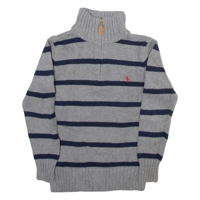 POLO RALPH LAUREN Boys Patterned Jumper Grey Striped 1/4 Zip Tight Knit 7Y