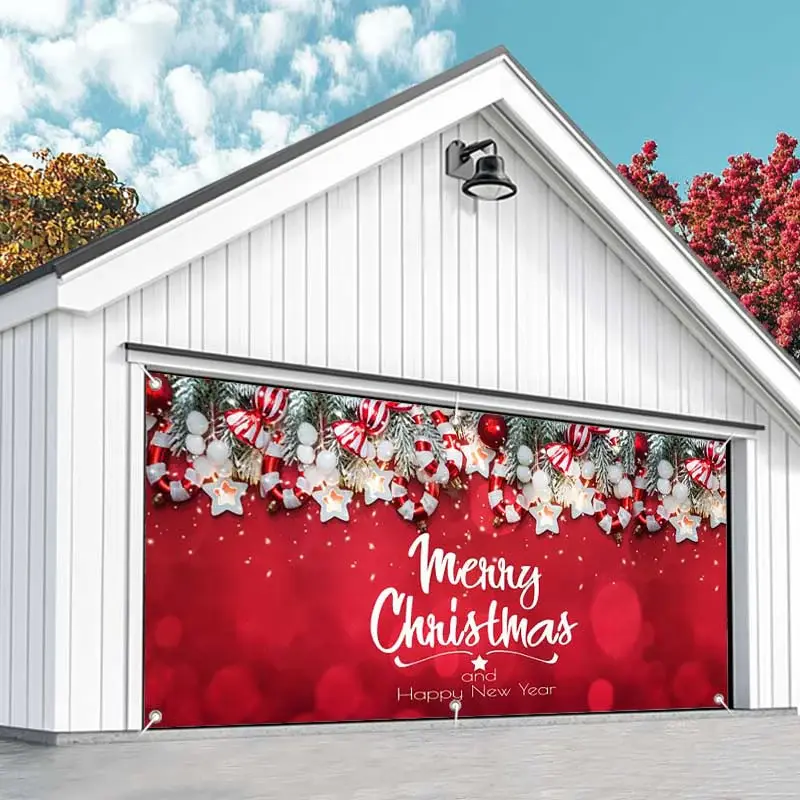 Aperturee Pine Leaves Pendant Red Christmas Garage Door Banner