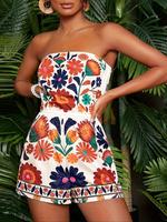 Women's Floral Print Tube Romper, Boho Wide Leg Romper for Beach Holiday Vacation, Ladies Clothes for Summer, Bohemian Womens...