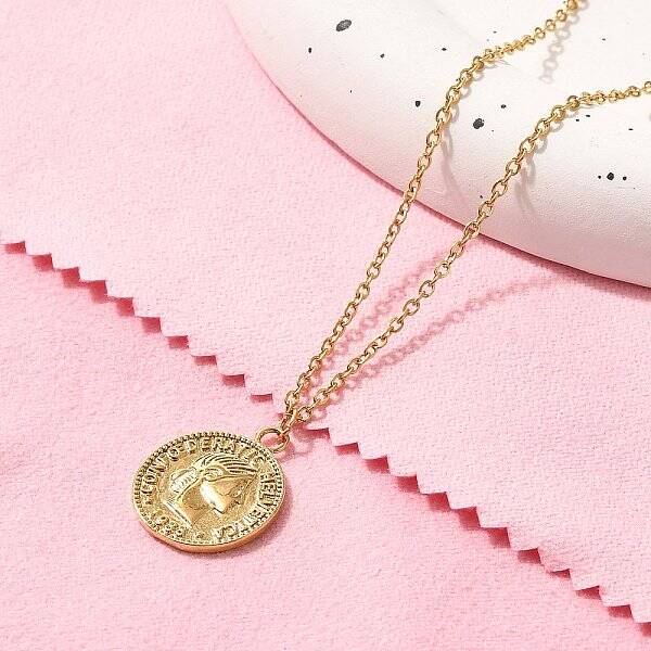 304 Stainless Steel Flat Round Cameo Pendant Cable Chain Necklaces for Women