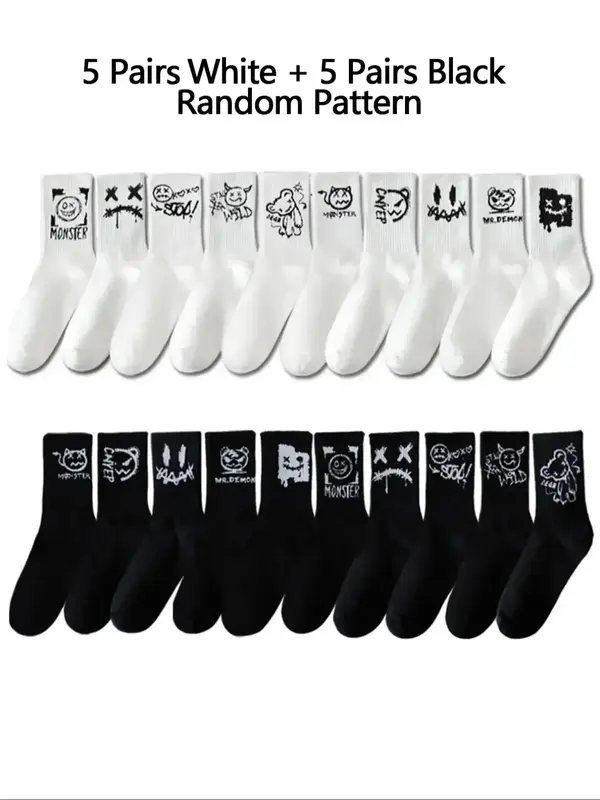 Men's Random Cartoon Print Athletic Socks, Casual Moisture Wicking Sports Crew Socks,  Leg Warmers, Soft Comfy Breathable Spo...