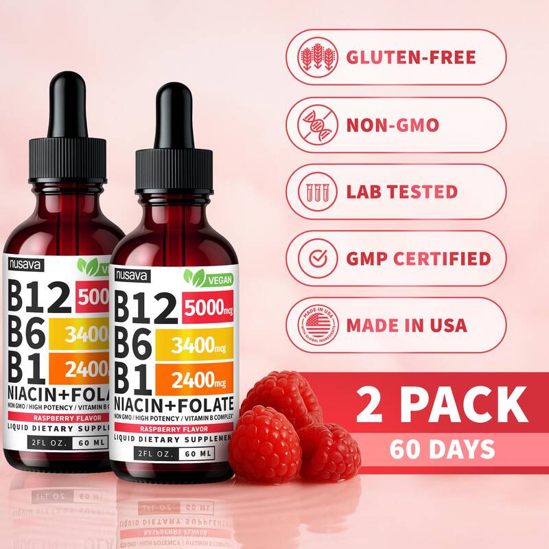 (2-PACK) Vitamin B12 Liquid Supplement Drops with B6, B1, Niacin & Folate - Edible Support for Energy, Brain & Heart, No