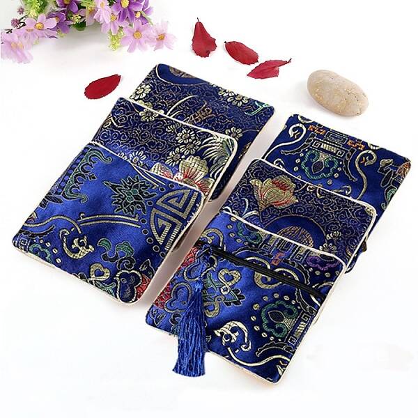 Square Chinese Style Brocade Zipper Bags with Tassel