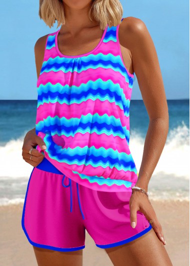 Modlily Patchwork Wave Pattern Print Hot Pink Tankini Set - M