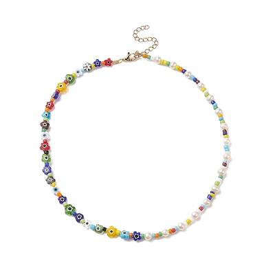 Natural Pearl & Millefiori & Seed Glass Beaded Necklace for Women