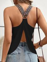 Women's Plain Patchwork Ring Linked Backless Split Hem Tank Top, Casual Sleeveless Top for Summer, Ladies Clothes for Daily W...
