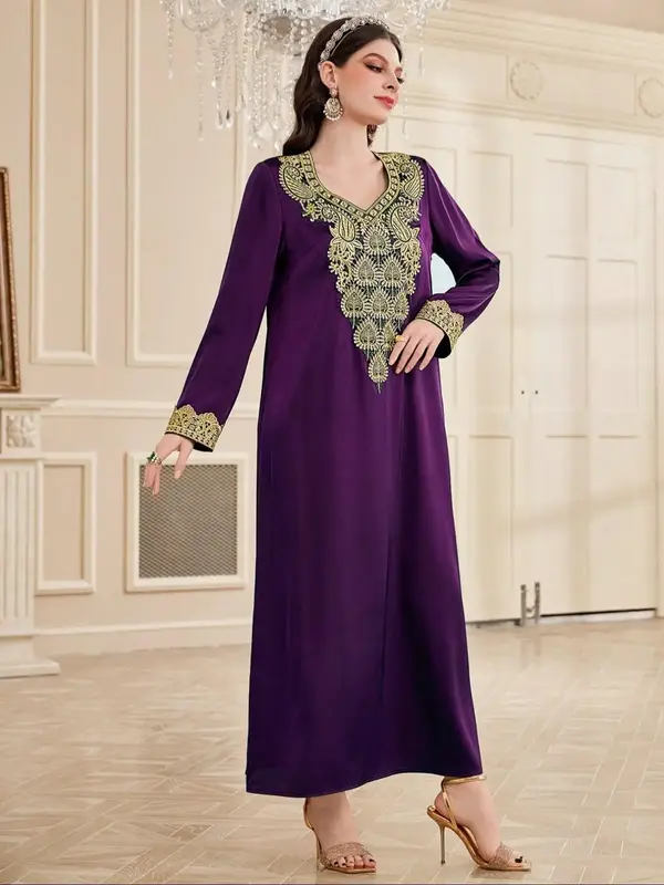 Women's Plain Embroidery V Neck Long Sleeve Dress, Elegant Long Dress for Party Wedding Guest, Ladies Islamic Clothing for Al...
