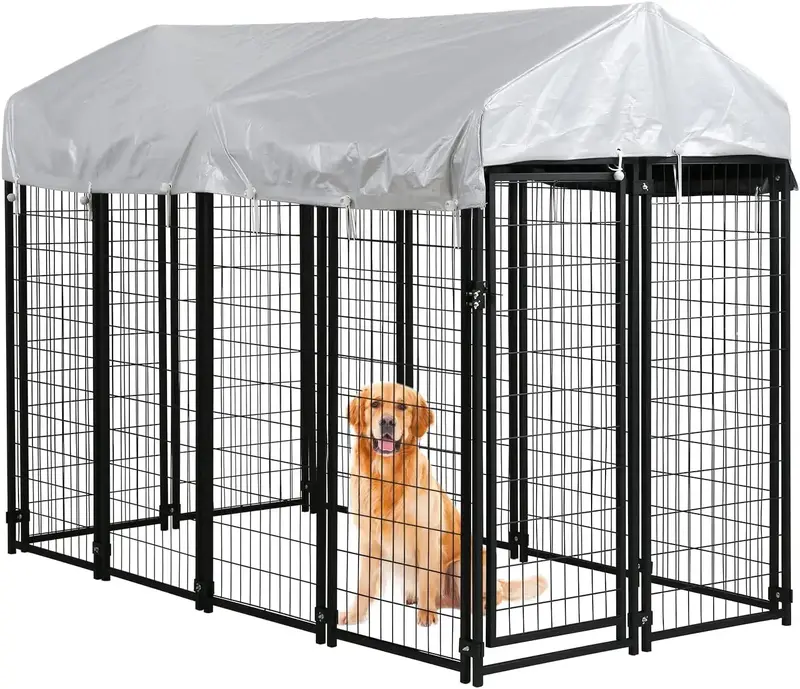 Dog Kennel Outdoor for Large Dog Heavy Duty Fence Cage Metal Welded Wire Dog Pen with UV-Resistant Waterproof Roof puppy play...