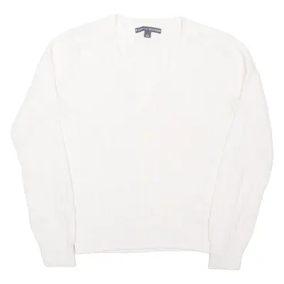 TOMMY HILFIGER Womens Jumper White V-Neck Cable Knit M