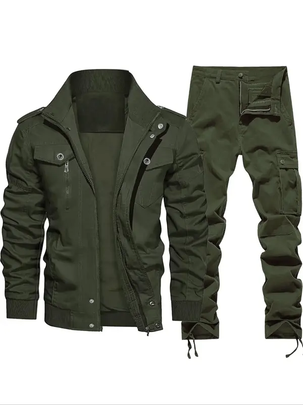 Men's Plain Zip Up Jacket & Pants Two-piece Set, Regular Fit Casual Fashion Cozy Breathable Two Piece Outfits for Daily Outdo...