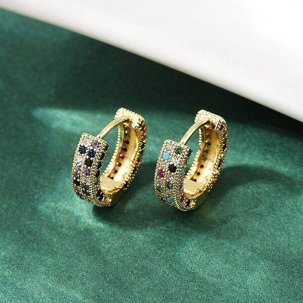 Brass Micro Pave Colorful Cubic Zirconia Hoop Earrings
