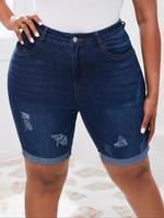 【plus Size】solid Ripped Tight Stretch High Waist Denim Shorts, Casual Tight Fit Pocket Button Fly Skinny Jeans Shorts, Su...