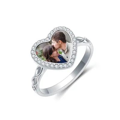 Sterling Silver Heart Cubic Zirconia Personalized Engraving & Photo Ring For Women