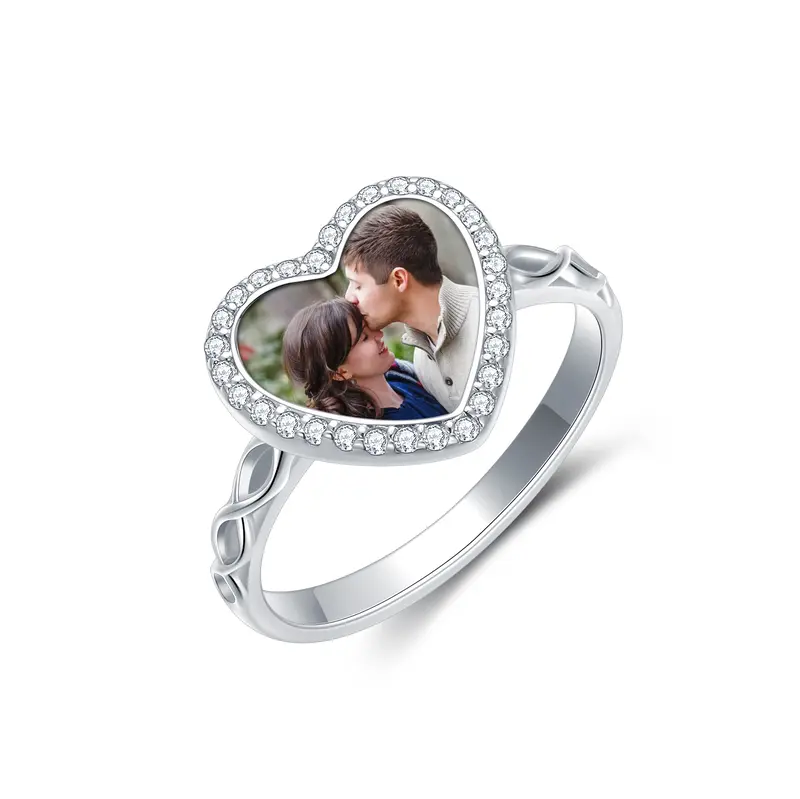 Sterling Silver Heart Cubic Zirconia Personalized Engraving & Photo Ring For Women