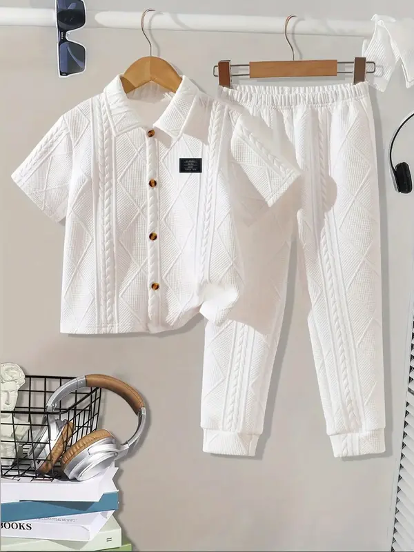Two-piece Set Boy's Solid Textured Patched Button Front Top & Elastic Waist Pants Set, Casual Short Sleeve Collared Top & Tro...