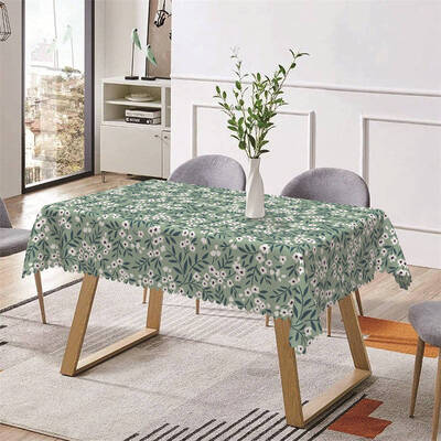 Green White Floral Print Spring Rectangle Tablecloth - Aperturee