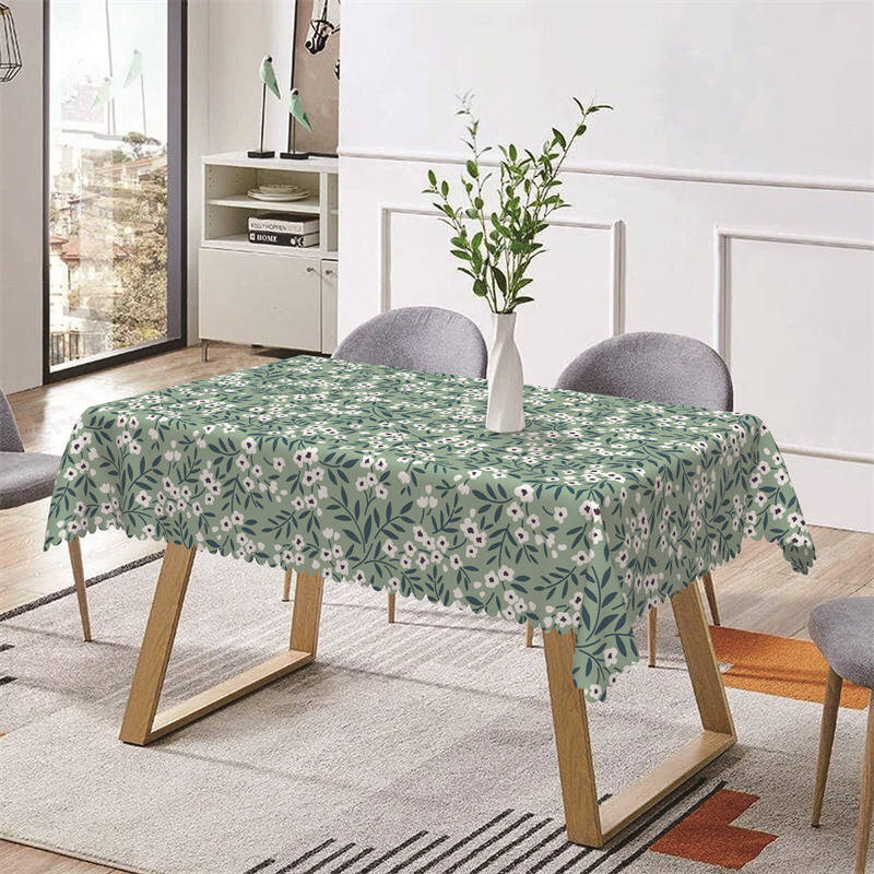 Green White Floral Print Spring Rectangle Tablecloth - Aperturee