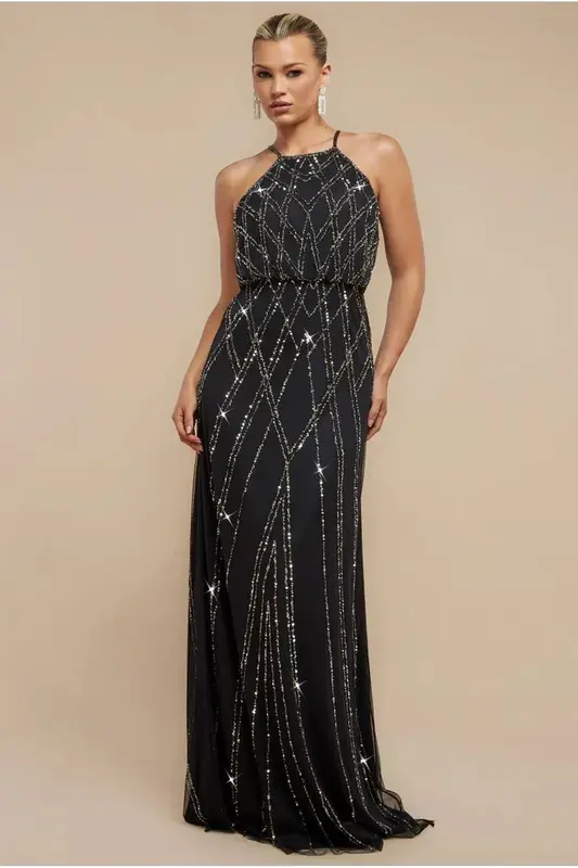 Goddiva Racer Neck Sleeveless Hand Embellished Sequin Maxi Dress - Black