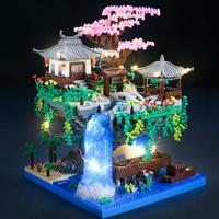 Ancient style miniature building set, creative tranquil garden adult building blocks, flowing water flowers and plants displa...