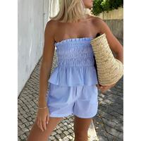 Women Outfits Summer Striped Print Ruched Bandeau and Elastic Loose Shorts Club Streetwear Fashion Clothes