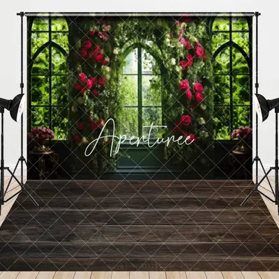 Aperturee Spring Red Floral Greenery Window Combo Set Backdrop, 7 x 5 ft / 7 x 5 ft, 97.4 USD, combo set backdrops, MMHD1B45-...