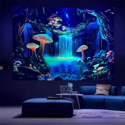 Fluorescent Mushroom Forest Pattern Tapestry, 1 Count UV Responsive Decorative Hanging Tapestry, Wall Hanging Decor for Home...