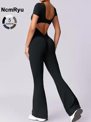 Women's patchwork high elastic soft U-shaped back waist hollow hip-lifting one-piece yoga suit Outdoor Running Cycling Climbi...