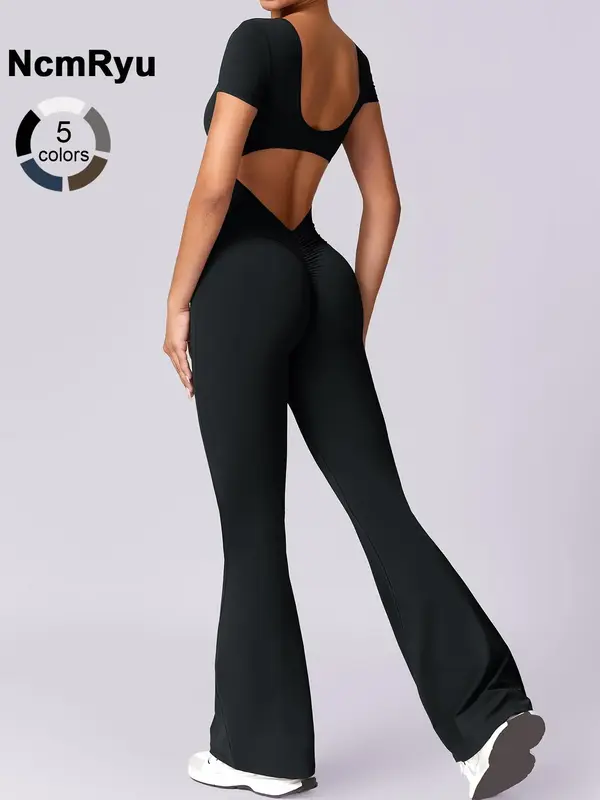 Women's patchwork high elastic soft U-shaped back waist hollow hip-lifting one-piece yoga suit Outdoor Running Cycling Climbi...