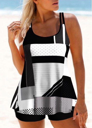 Modlily Black Geometric Print Double Straps Tankini Top - XL