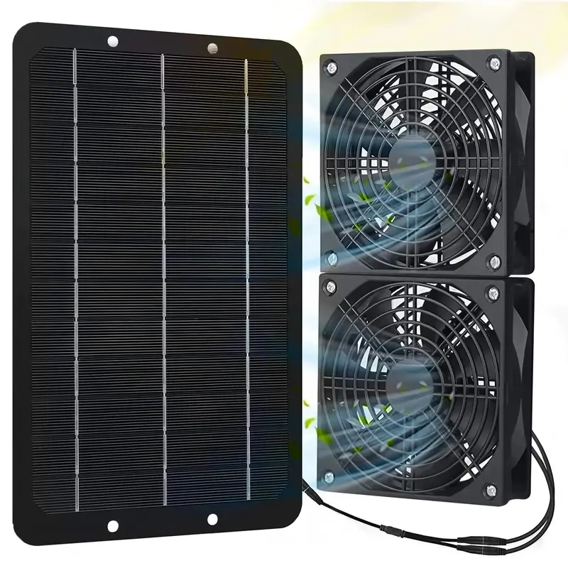 Solar Powered Dual Fan System, Solar Powered Air Circulation Fan, Outdoor Rainproof Silent Fan, Multipurpose Fan for Home, Gr...