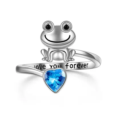 Sterling Silver Heart Cubic Zirconia Frog & Heart Open Ring With Engraved Word