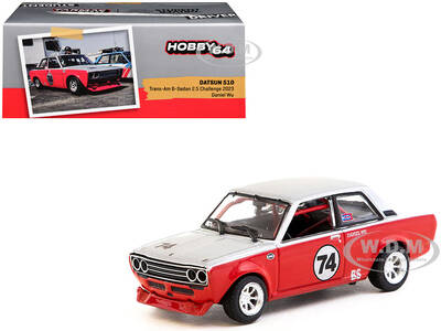 Datsun 510 #74 Daniel Wu Trans-Am B-Sedan 2.5 Challenge (2023) Silver and Red Hobby64 Series 1/64 Diecast Model Car by Ta...