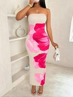 Women's Floral Print Tube Dress, Chic Elegant Strapless Gown for Party Wedding Guest, Ladies Summer Clothes, Womenswear, Form...