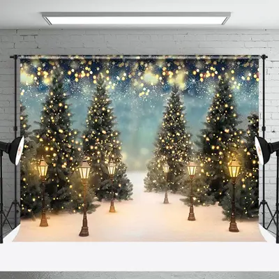 Snowy Trees Winter Night Bokeh Christmas Backdrop