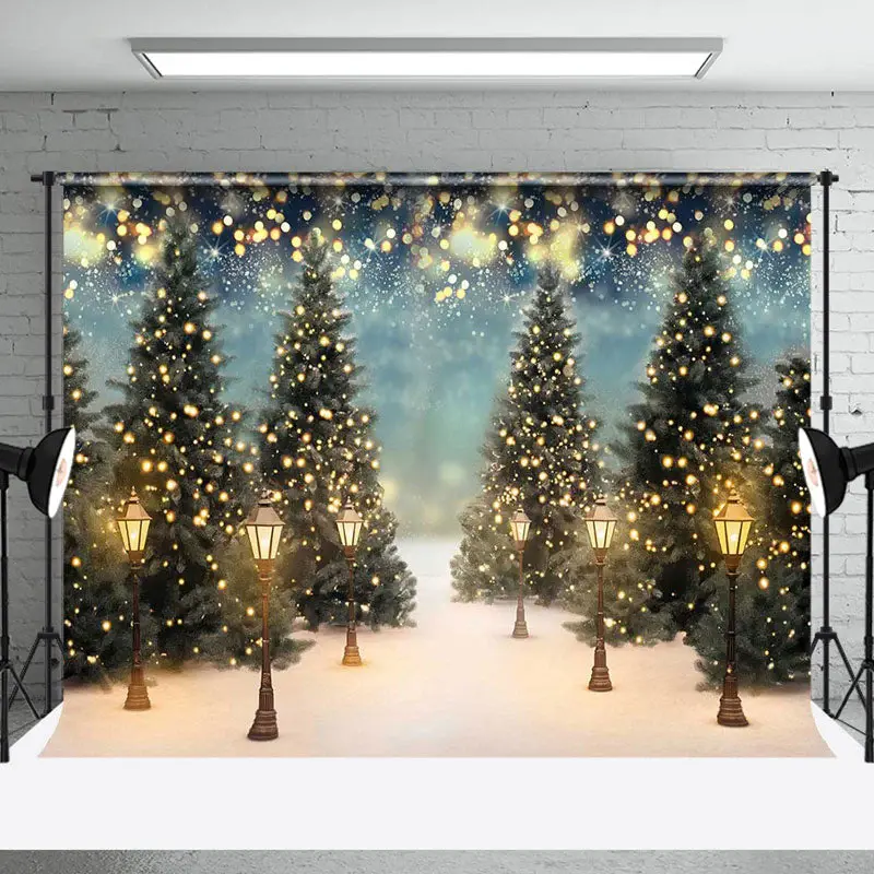 Snowy Trees Winter Night Bokeh Christmas Backdrop